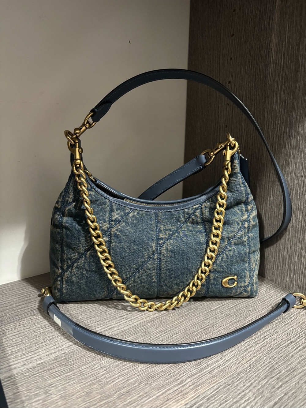 Coach Juliet Denim Quilted Shoulder Bag with Gold Chain - Blue